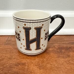 Anthropologie Bistro Tile Monogram H Mug Gold Accent Stoneware EUC